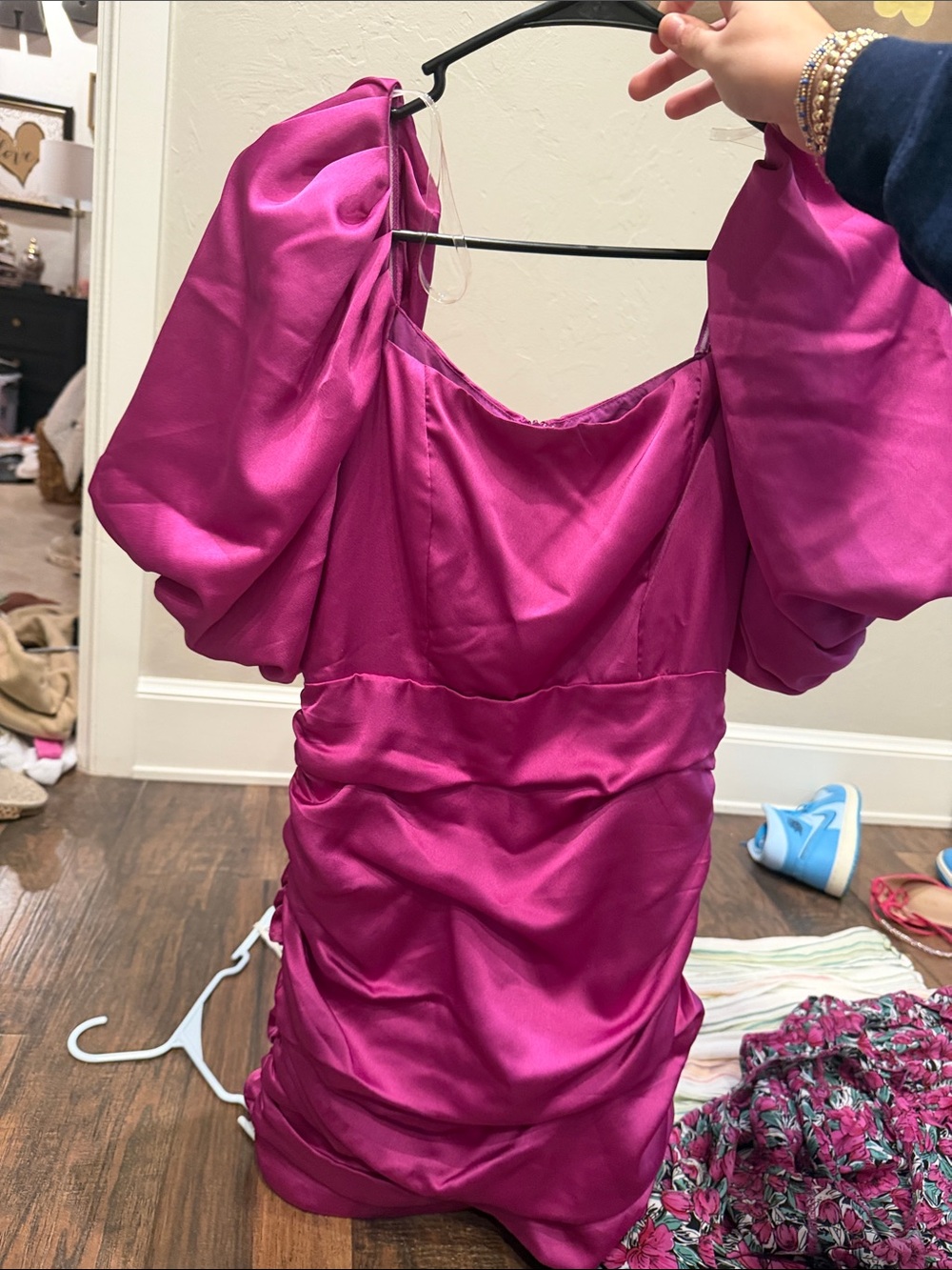 Fuchsia Satin Puff-Sleeve Mini Dress